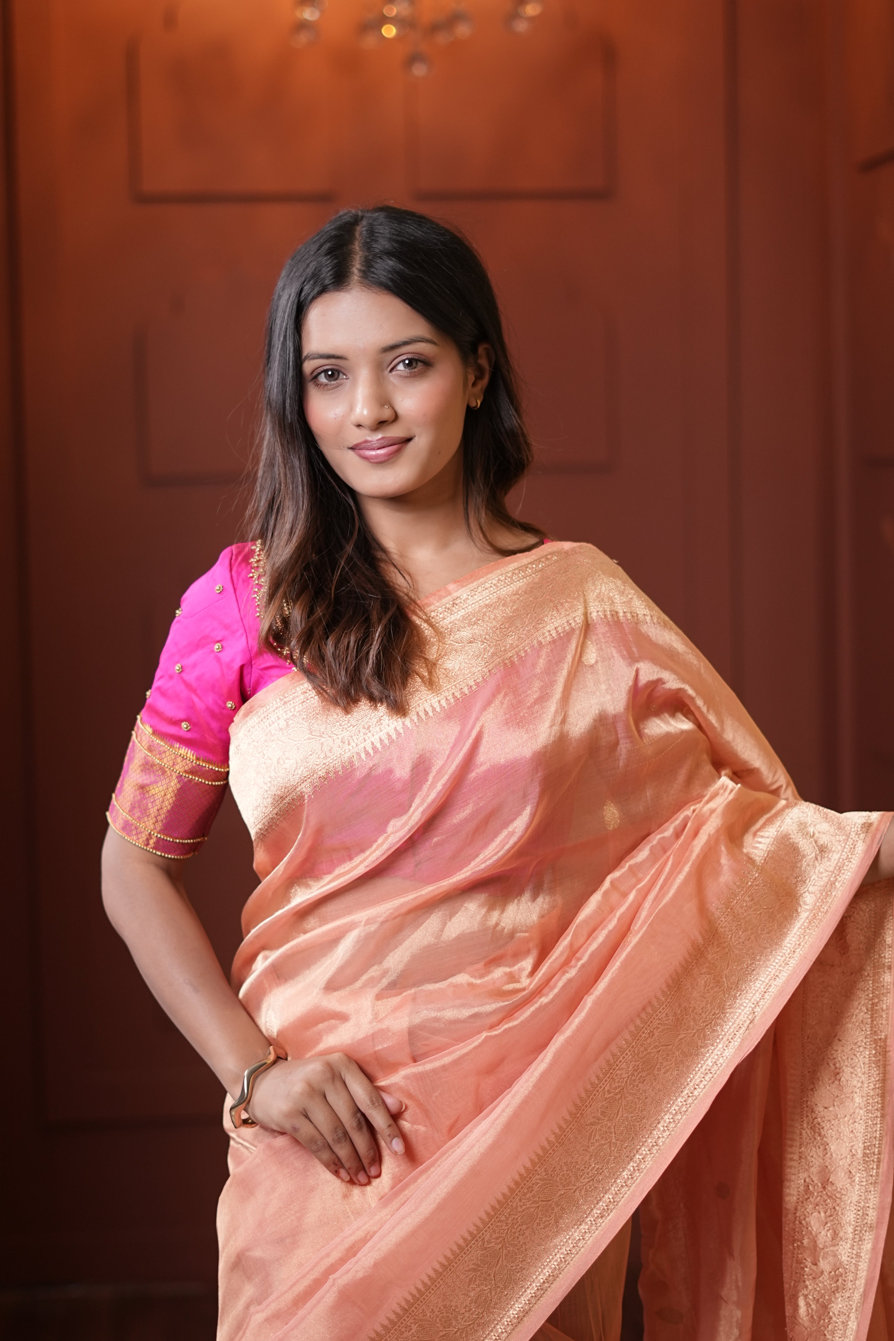Luminous Peach-Gold Pure Handloom Tissue Saree