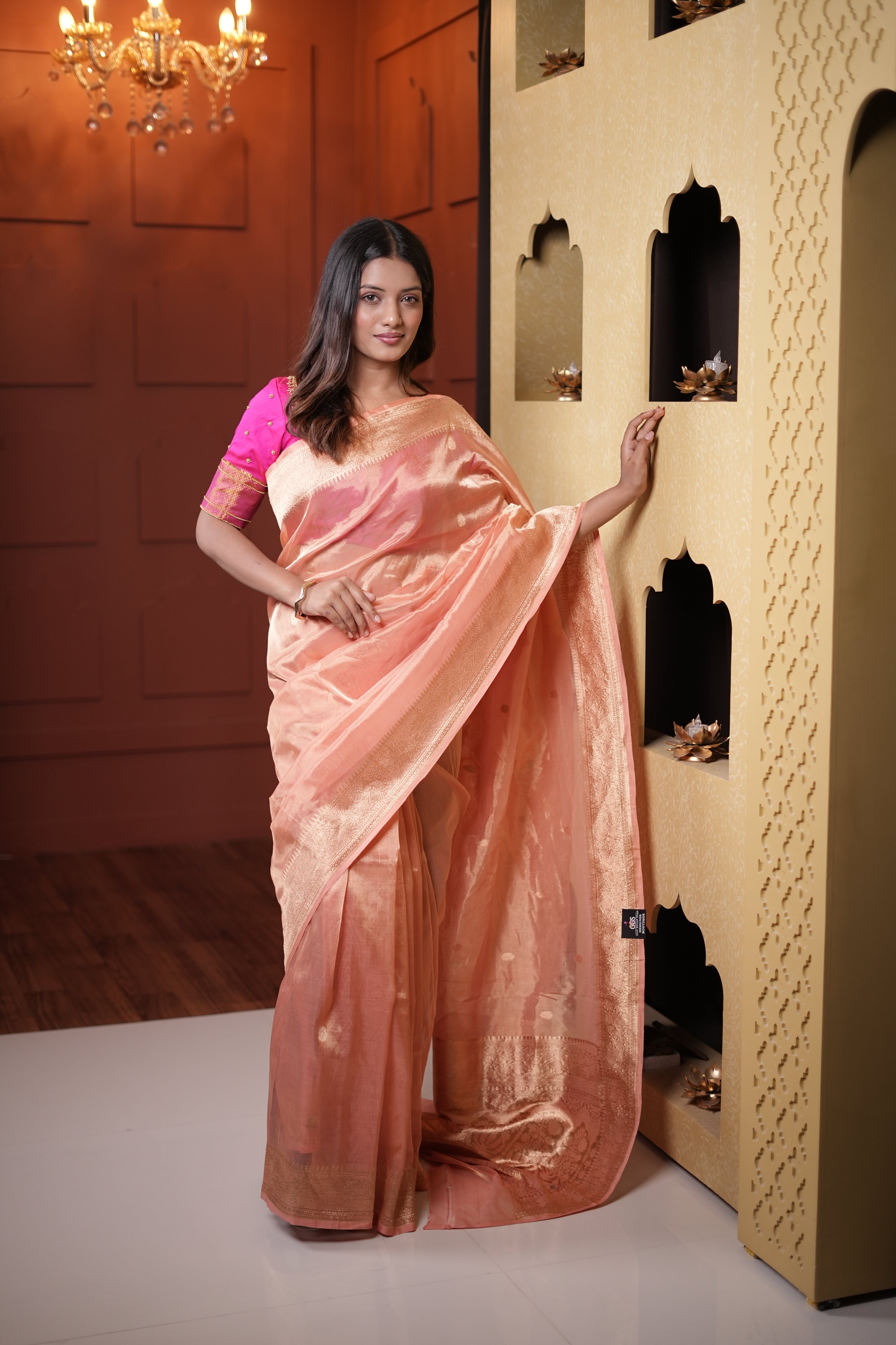 Luminous Peach-Gold Pure Handloom Tissue Saree