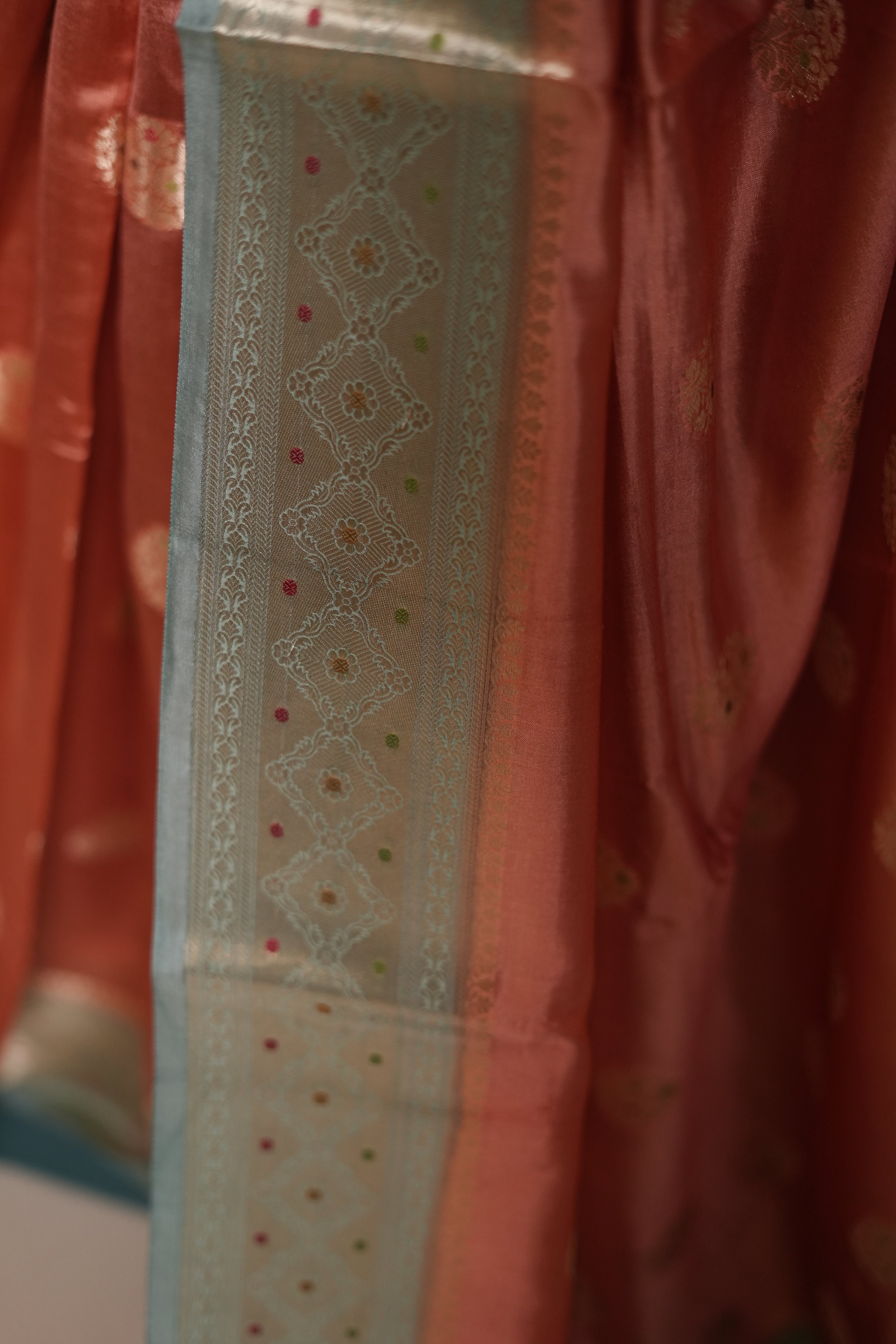 Vintage Coral & Icy Mint Pure Handloom Silk Saree