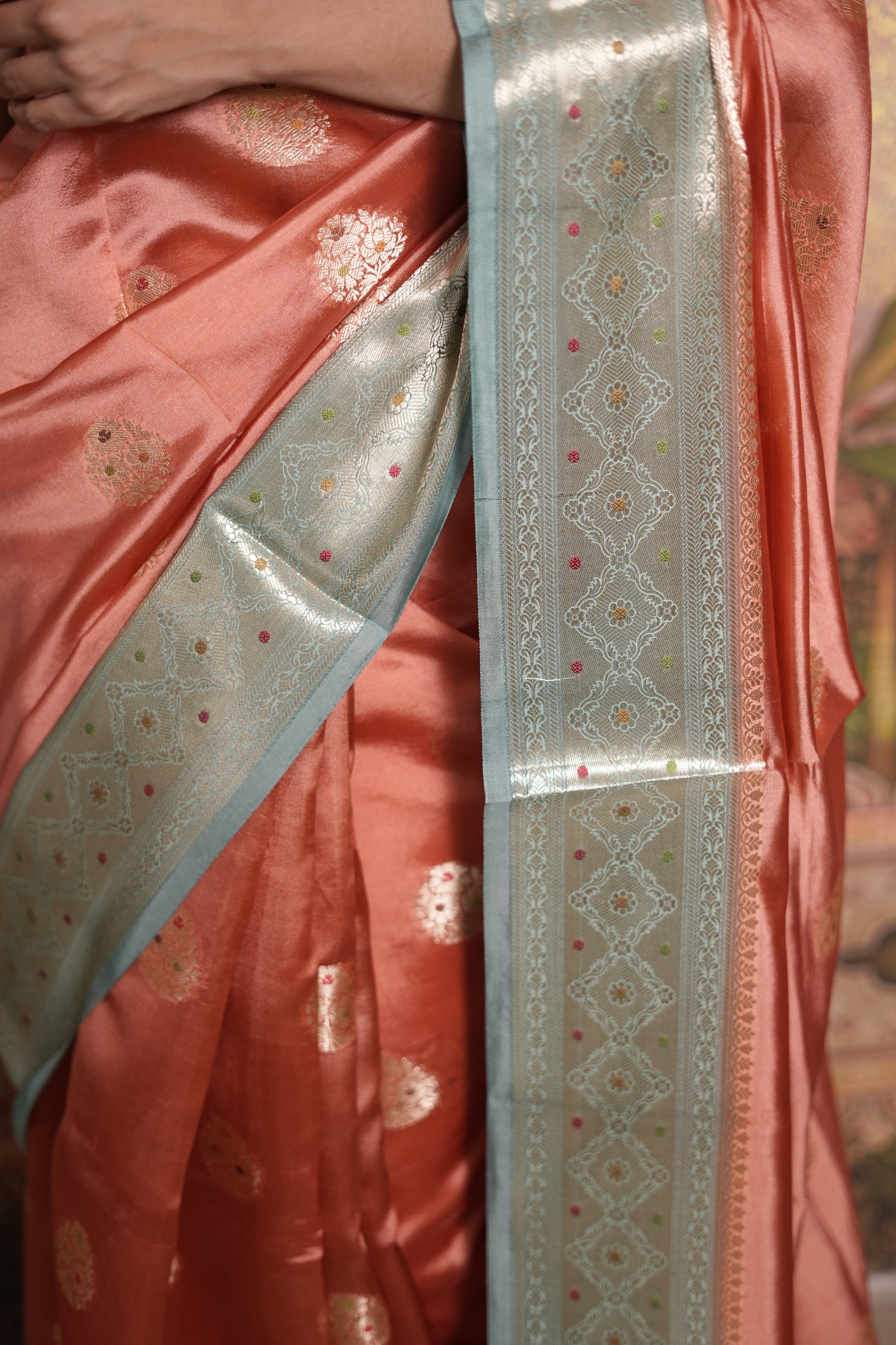 Vintage Coral & Icy Mint Pure Handloom Silk Saree